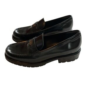 Free People Womens Black Patent Leather Chunky Platform Loafers Size 38